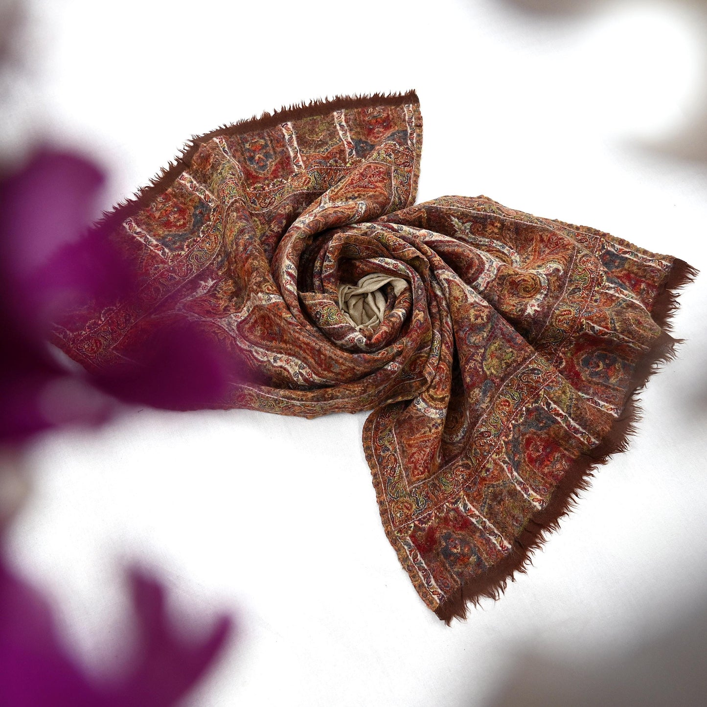 Indian Vintage Brown Pure Woolen Shawl Handmade Woven Jamawar Work Long Throw Stole Warm Paisley Design Soft