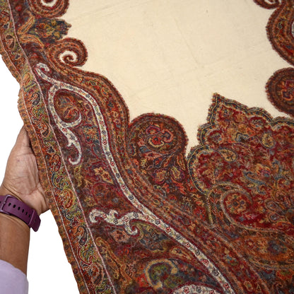 Indian Vintage Brown Pure Woolen Shawl Handmade Woven Jamawar Work Long Throw Stole Warm Paisley Design Soft