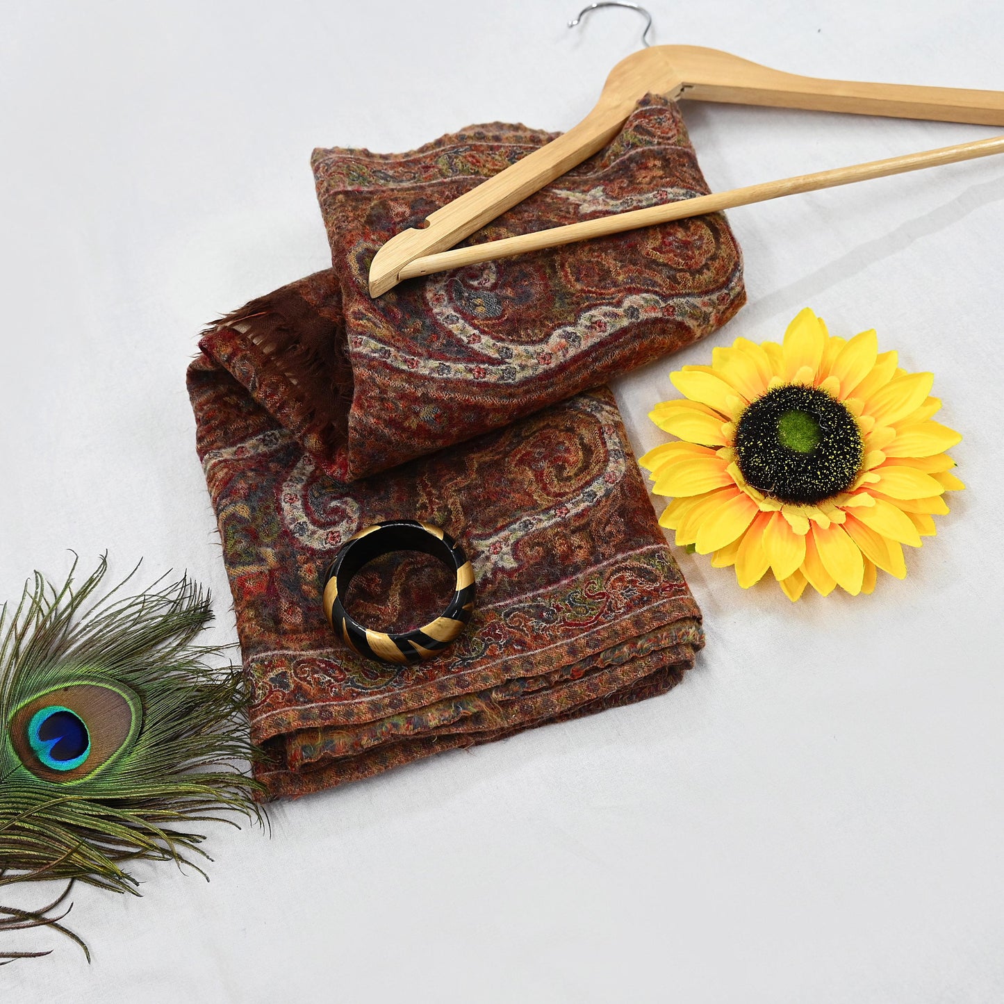 Indian Vintage Brown Pure Woolen Shawl Handmade Woven Jamawar Work Long Throw Stole Warm Paisley Design Soft