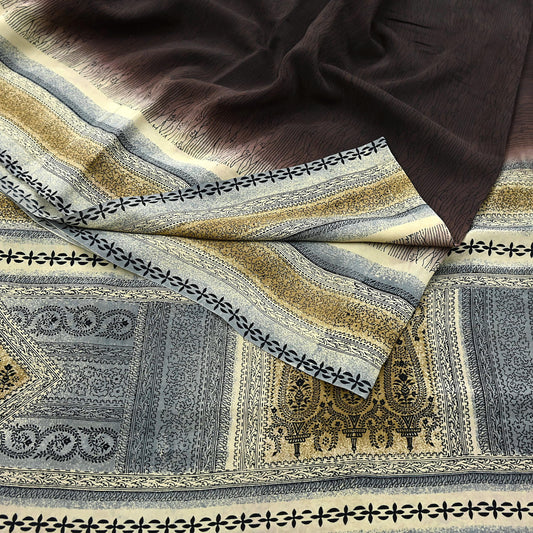 Indian Vintage Sari Brown Pure Crepe Silk Printed Saree 5yd Sewing Floral Soft Craft Fabric Wrap Dress Making For Crafting Quilting Upcycle