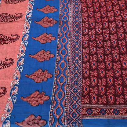 Indian Vintage Maroon Blue Pure Cotton Saree 5Yd Printed Paisley Floral Fabric Soft Material for Sewing Upcycling Dressmaking