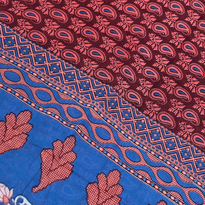 Indian Vintage Maroon Blue Pure Cotton Saree 5Yd Printed Paisley Floral Fabric Soft Material for Sewing Upcycling Dressmaking
