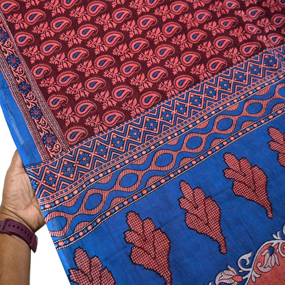 Indian Vintage Maroon Blue Pure Cotton Saree 5Yd Printed Paisley Floral Fabric Soft Material for Sewing Upcycling Dressmaking