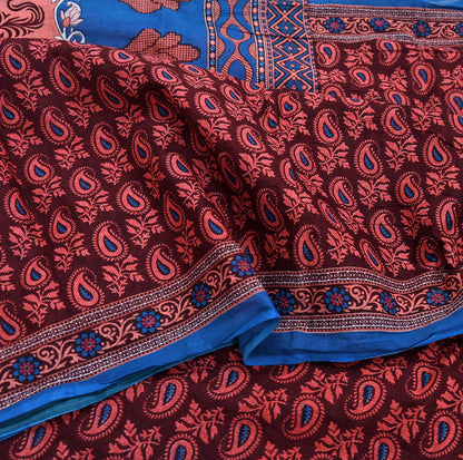 Indian Vintage Maroon Blue Pure Cotton Saree 5Yd Printed Paisley Floral Fabric Soft Material for Sewing Upcycling Dressmaking