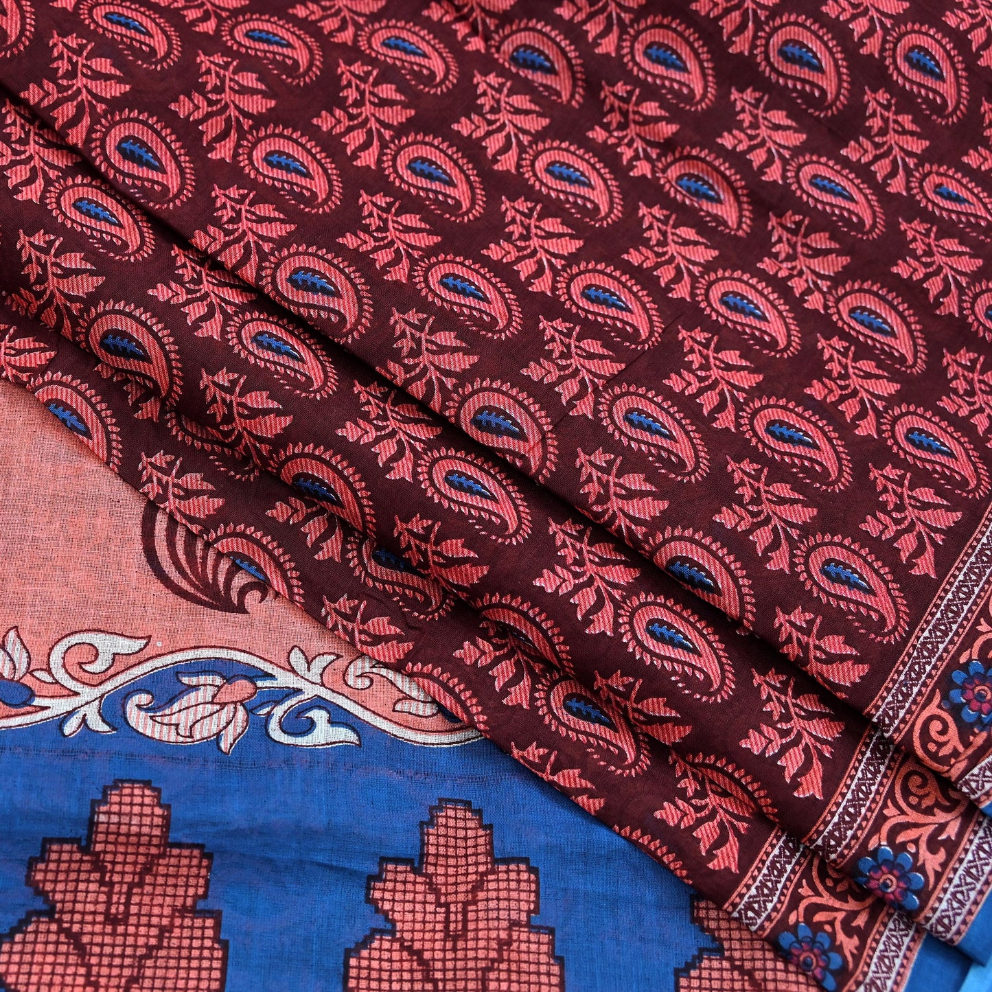 Indian Vintage Maroon Blue Pure Cotton Saree 5Yd Printed Paisley Floral Fabric Soft Material for Sewing Upcycling Dressmaking
