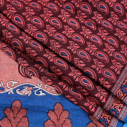 Indian Vintage Maroon Blue Pure Cotton Saree 5Yd Printed Paisley Floral Fabric Soft Material for Sewing Upcycling Dressmaking
