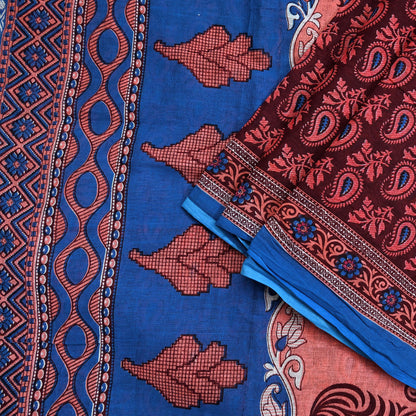 Indian Vintage Maroon Blue Pure Cotton Saree 5Yd Printed Paisley Floral Fabric Soft Material for Sewing Upcycling Dressmaking