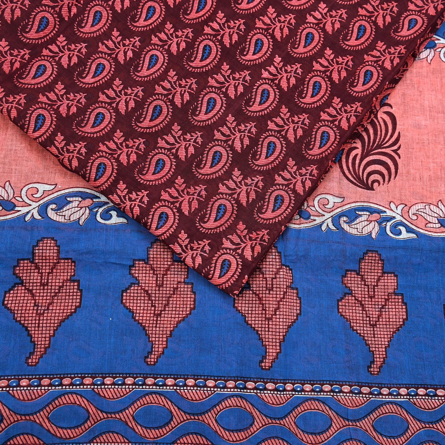Indian Vintage Maroon Blue Pure Cotton Saree 5Yd Printed Paisley Floral Fabric Soft Material for Sewing Upcycling Dressmaking
