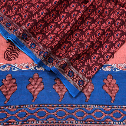 Indian Vintage Maroon Blue Pure Cotton Saree 5Yd Printed Paisley Floral Fabric Soft Material for Sewing Upcycling Dressmaking