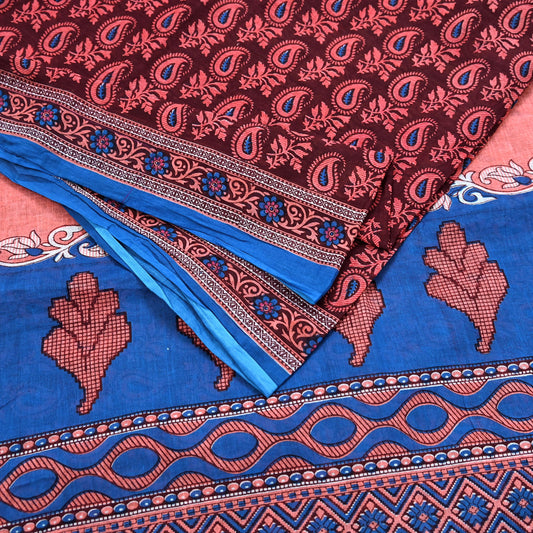 Indian Vintage Maroon Blue Pure Cotton Saree 5Yd Printed Paisley Floral Fabric Soft Material for Sewing Upcycling Dressmaking