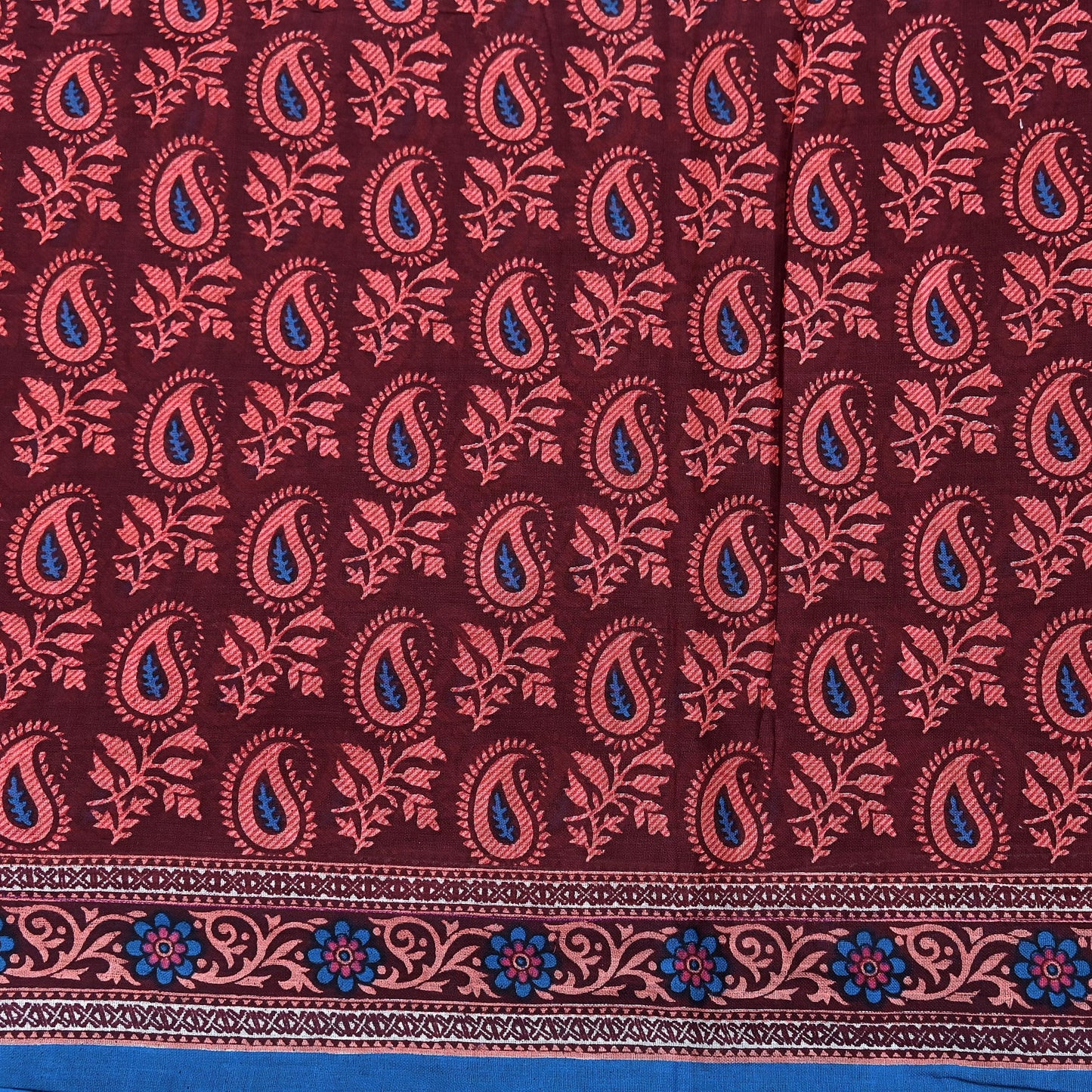 Indian Vintage Maroon Blue Pure Cotton Saree 5Yd Printed Paisley Floral Fabric Soft Material for Sewing Upcycling Dressmaking