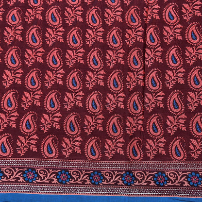 Indian Vintage Maroon Blue Pure Cotton Saree 5Yd Printed Paisley Floral Fabric Soft Material for Sewing Upcycling Dressmaking
