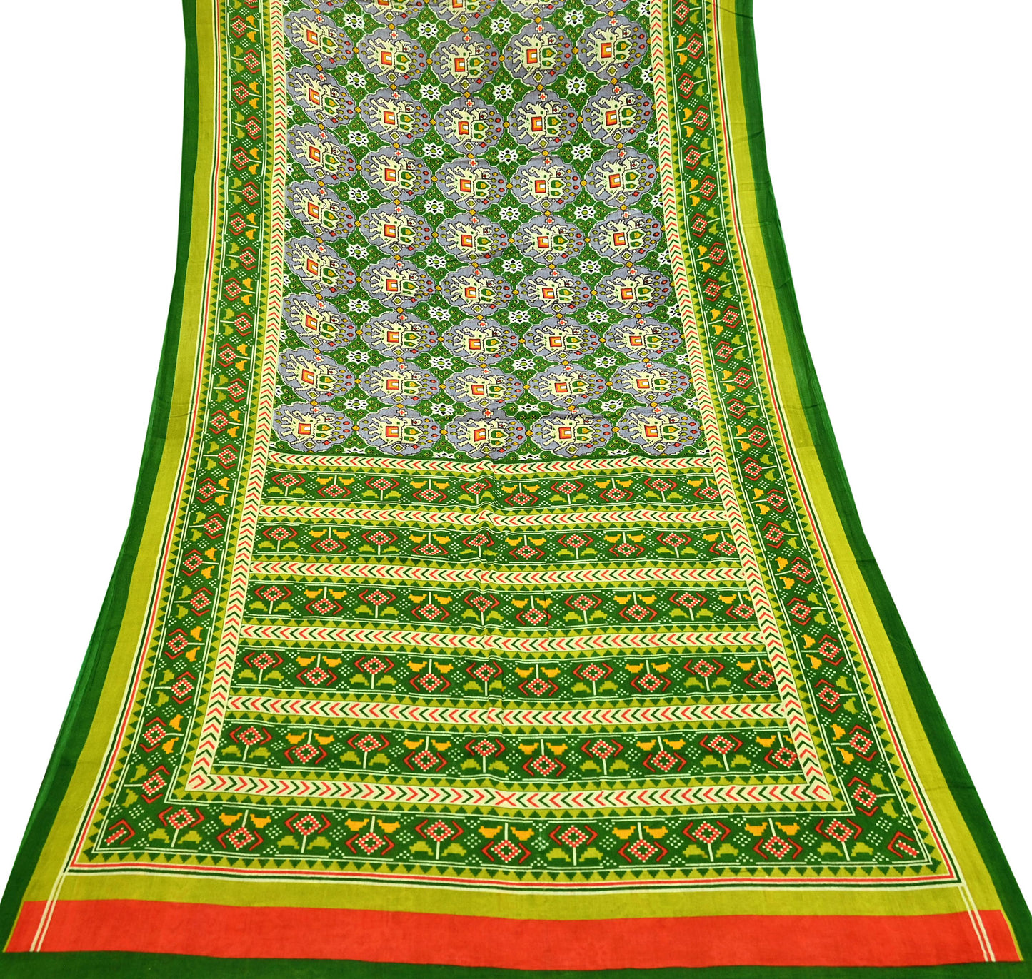 Indian Vintage Green Pure Cotton Saree Traditional Ikat Elephant Print 5 Yard Fabric Lightweight Boho Craft Material