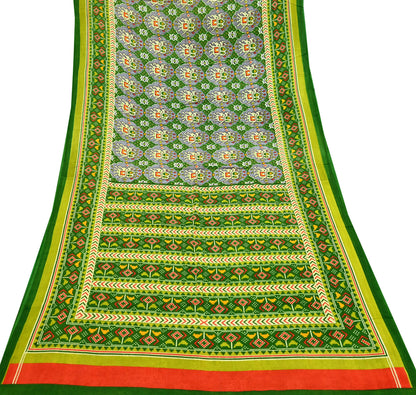 Indian Vintage Green Pure Cotton Saree Traditional Ikat Elephant Print 5 Yard Fabric Lightweight Boho Craft Material