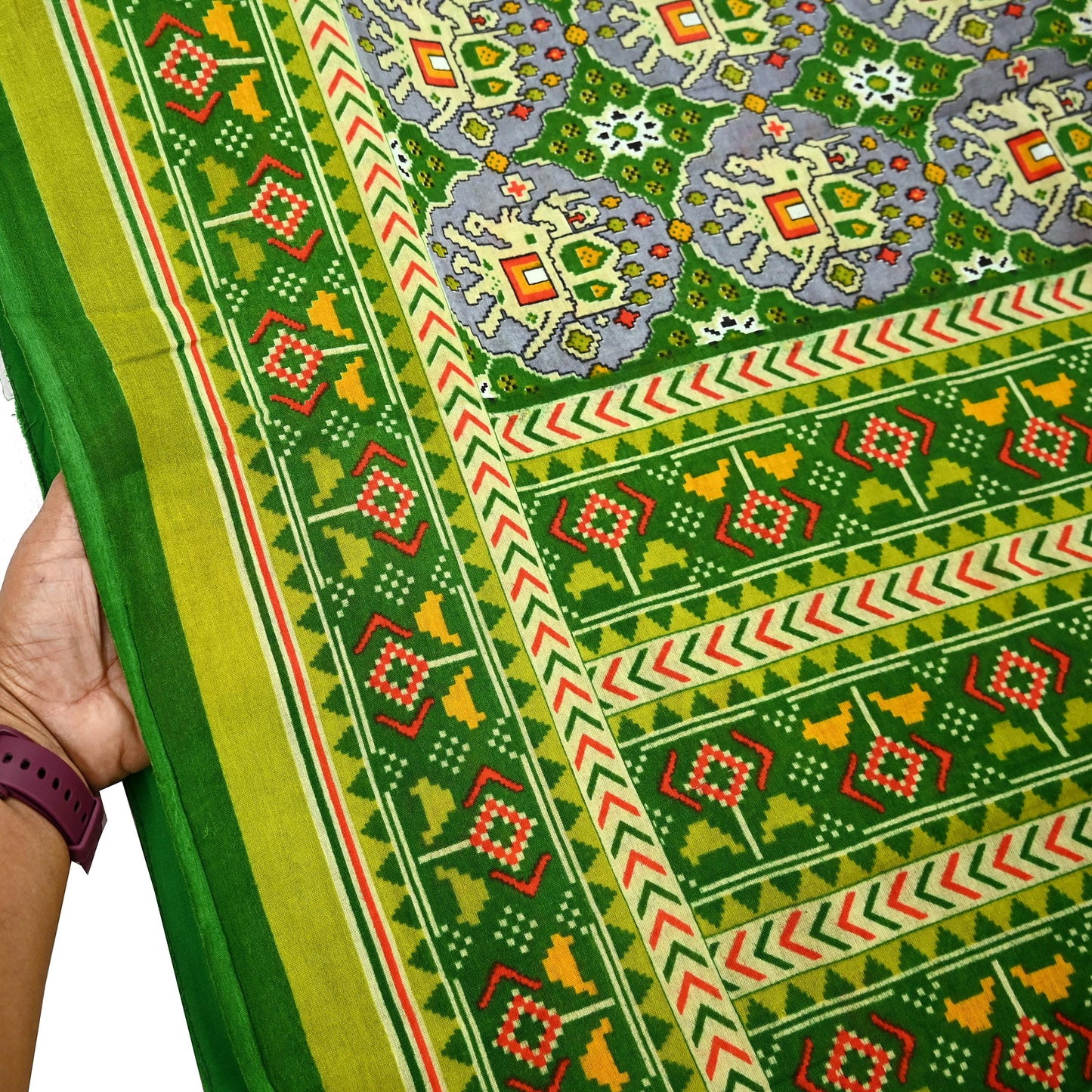 Indian Vintage Green Pure Cotton Saree Traditional Ikat Elephant Print 5 Yard Fabric Lightweight Boho Craft Material
