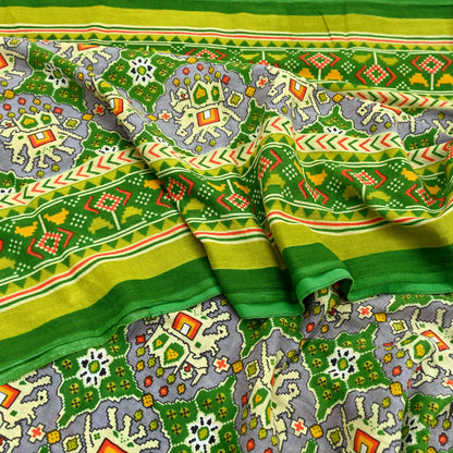 Indian Vintage Green Pure Cotton Saree Traditional Ikat Elephant Print 5 Yard Fabric Lightweight Boho Craft Material