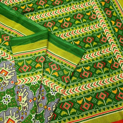 Indian Vintage Green Pure Cotton Saree Traditional Ikat Elephant Print 5 Yard Fabric Lightweight Boho Craft Material