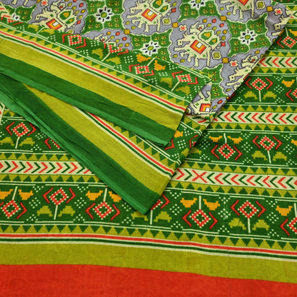 Indian Vintage Green Pure Cotton Saree Traditional Ikat Elephant Print 5 Yard Fabric Lightweight Boho Craft Material