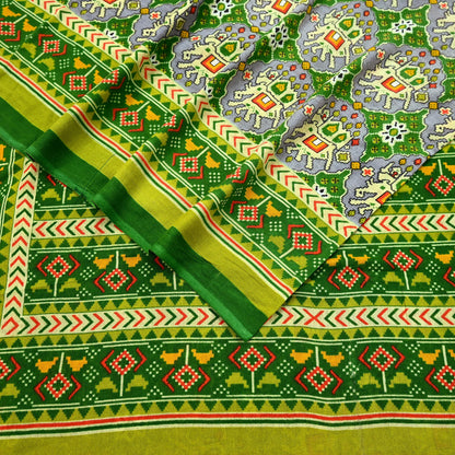 Indian Vintage Green Pure Cotton Saree Traditional Ikat Elephant Print 5 Yard Fabric Lightweight Boho Craft Material
