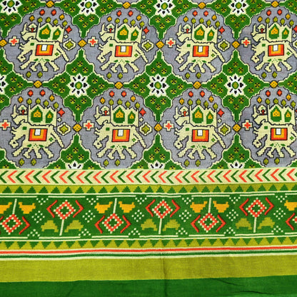 Indian Vintage Green Pure Cotton Saree Traditional Ikat Elephant Print 5 Yard Fabric Lightweight Boho Craft Material
