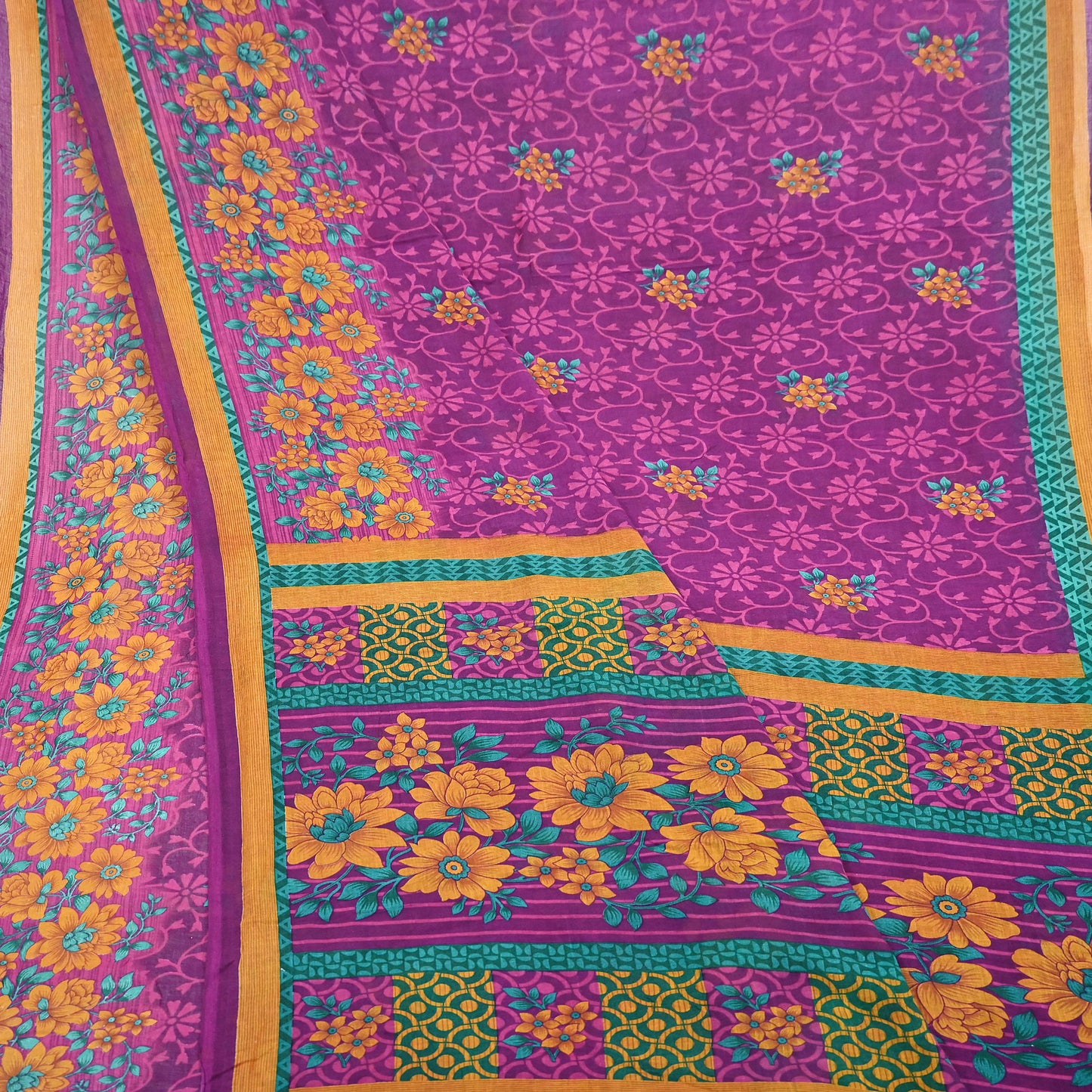 Indian Vintage Sari Purple Pure Cotton Floral Printed Saree Lightweight 5 Yard Soft Fabric Boho Craft Material Dressmaking & Quilting Cloth