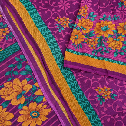 Indian Vintage Sari Purple Pure Cotton Floral Printed Saree Lightweight 5 Yard Soft Fabric Boho Craft Material Dressmaking & Quilting Cloth