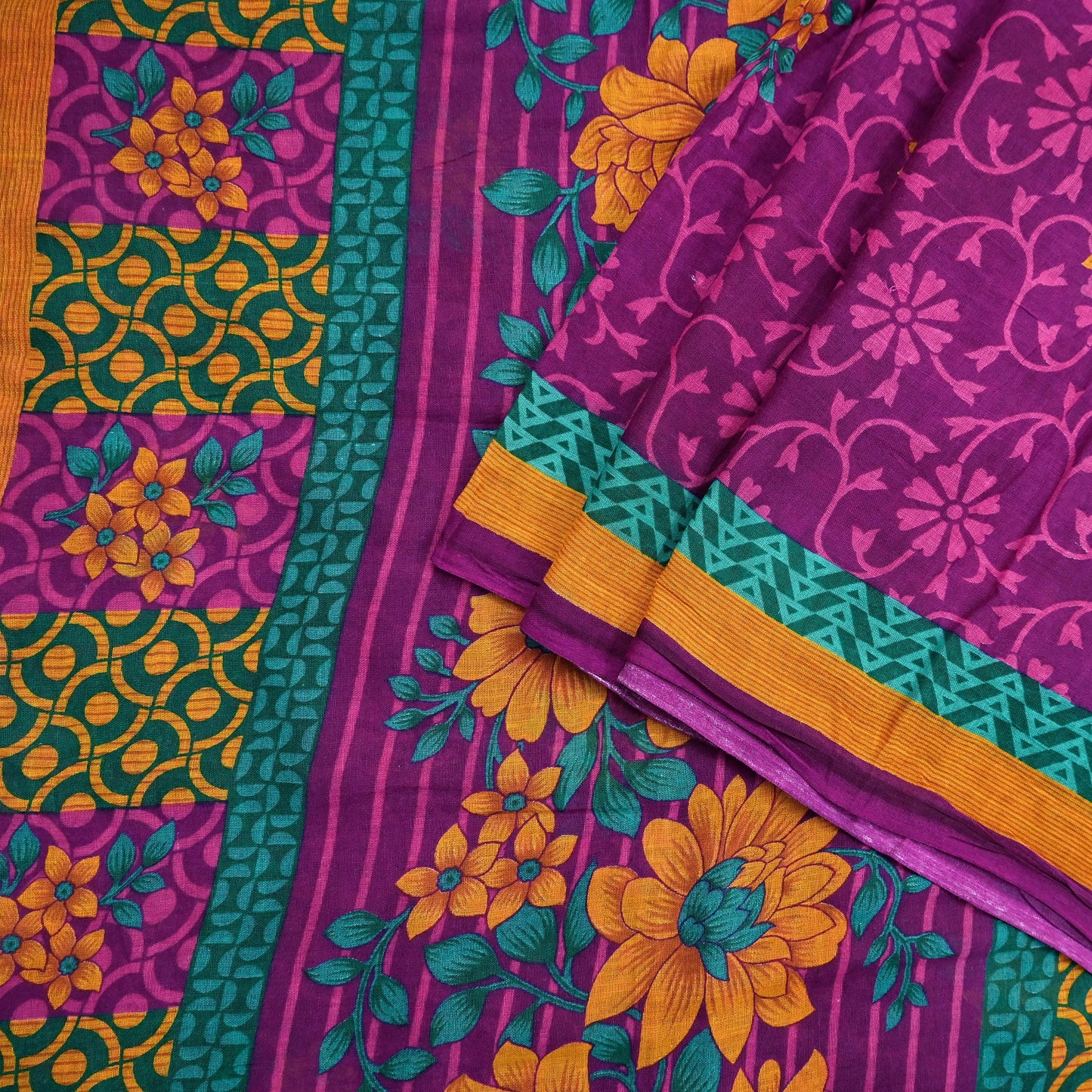 Indian Vintage Sari Purple Pure Cotton Floral Printed Saree Lightweight 5 Yard Soft Fabric Boho Craft Material Dressmaking & Quilting Cloth