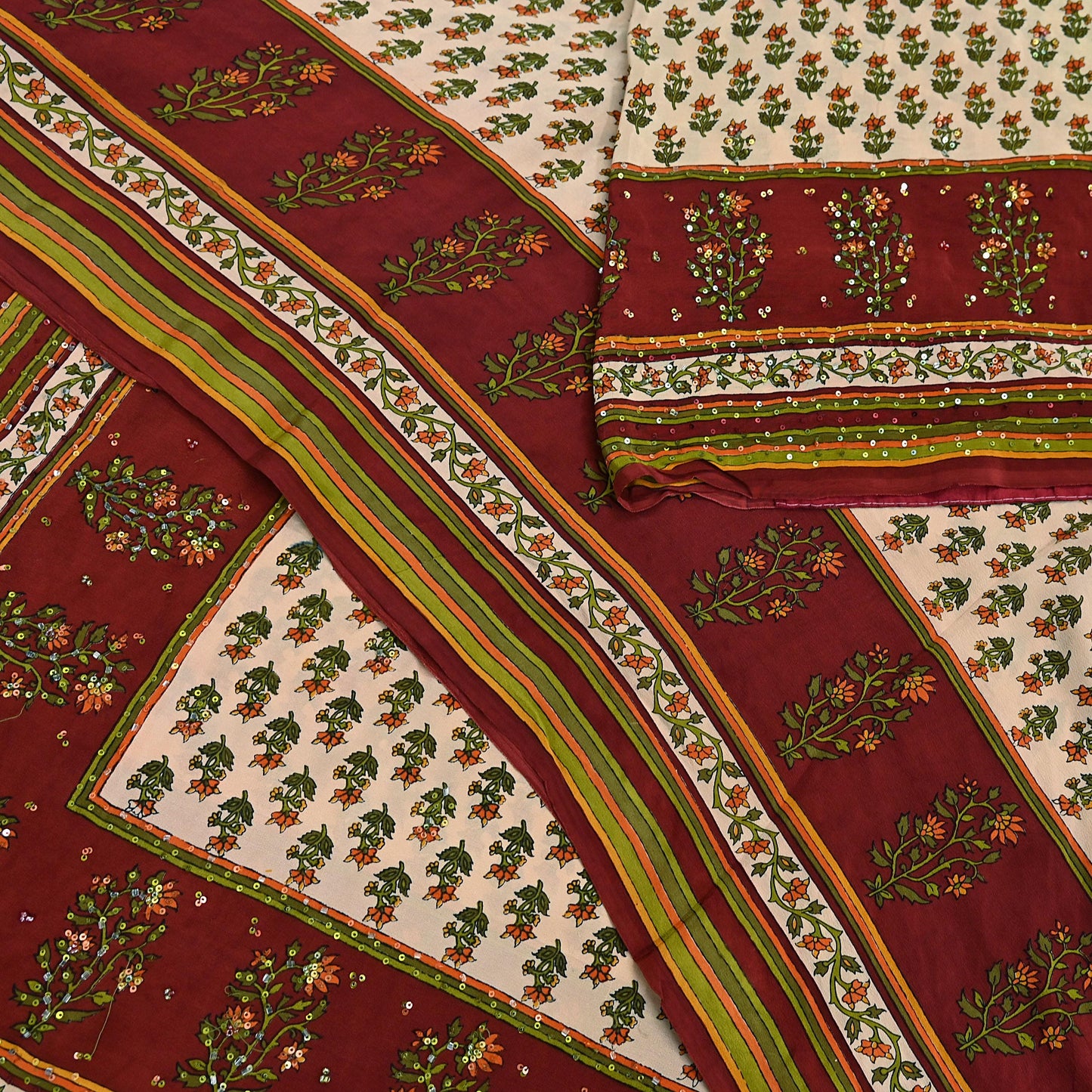 Vintage Beige Maroon Pure Crepe Silk Saree Hand Embroidered Floral Fabric 5Yds Indian Dressmaking, Quilting & Christmas Craft Material