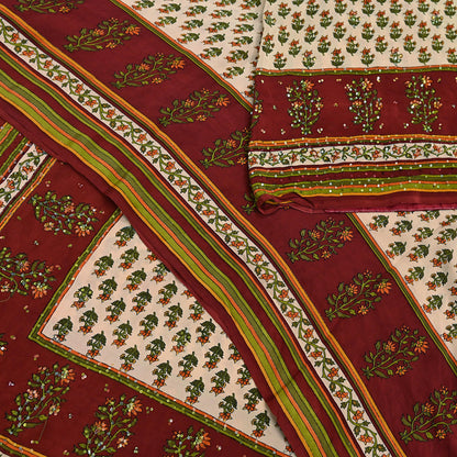 Vintage Beige Maroon Pure Crepe Silk Saree Hand Embroidered Floral Fabric 5Yds Indian Dressmaking, Quilting & Christmas Craft Material