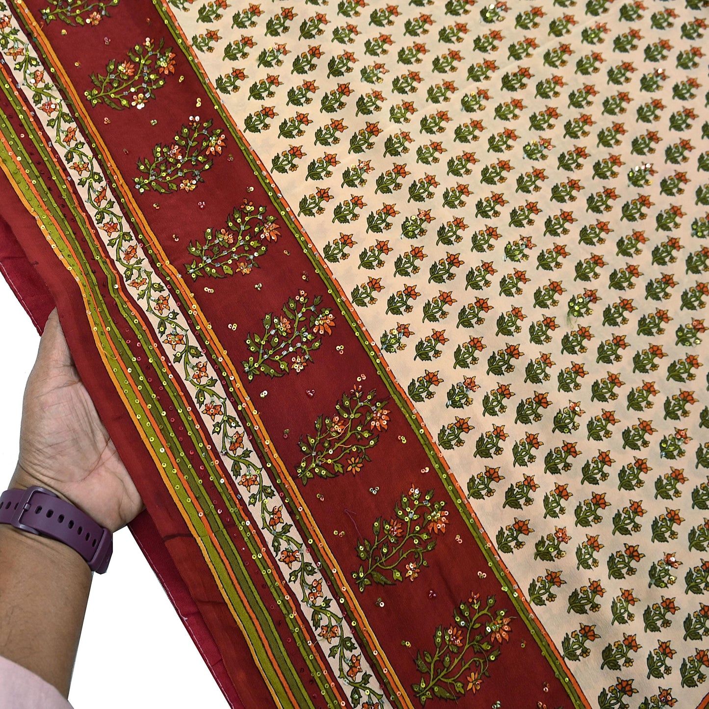 Vintage Beige Maroon Pure Crepe Silk Saree Hand Embroidered Floral Fabric 5Yds Indian Dressmaking, Quilting & Christmas Craft Material