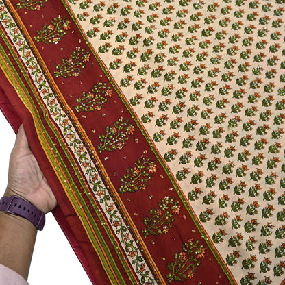 Vintage Beige Maroon Pure Crepe Silk Saree Hand Embroidered Floral Fabric 5Yds Indian Dressmaking, Quilting & Christmas Craft Material