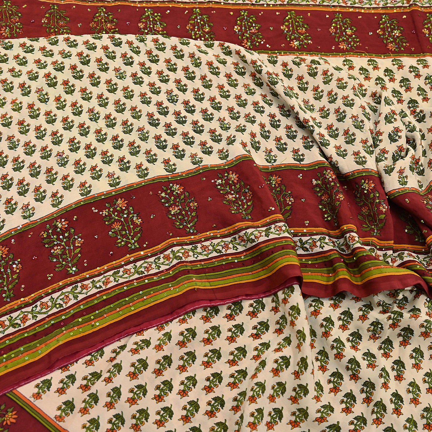 Vintage Beige Maroon Pure Crepe Silk Saree Hand Embroidered Floral Fabric 5Yds Indian Dressmaking, Quilting & Christmas Craft Material