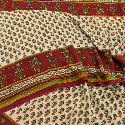 Vintage Beige Maroon Pure Crepe Silk Saree Hand Embroidered Floral Fabric 5Yds Indian Dressmaking, Quilting & Christmas Craft Material