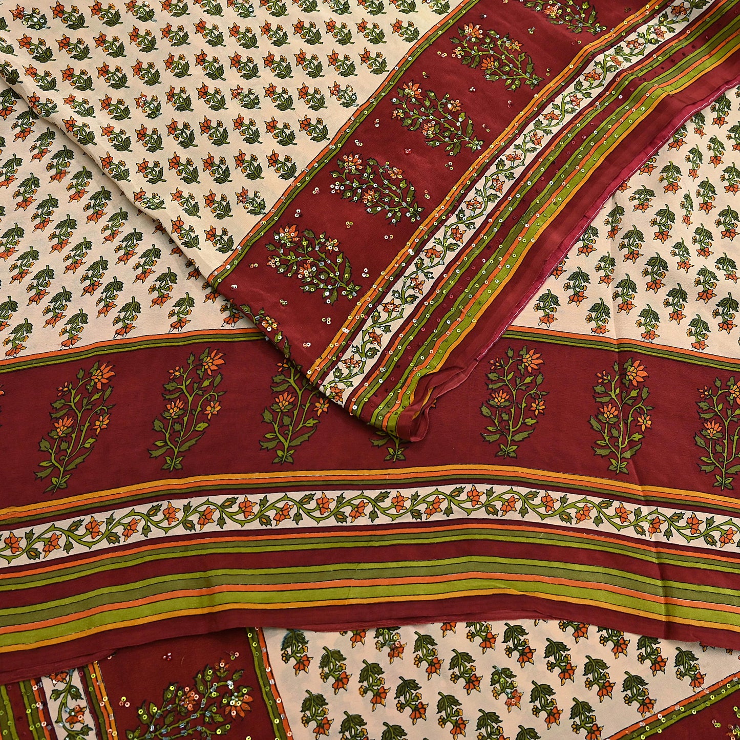 Vintage Beige Maroon Pure Crepe Silk Saree Hand Embroidered Floral Fabric 5Yds Indian Dressmaking, Quilting & Christmas Craft Material
