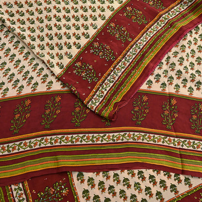 Vintage Beige Maroon Pure Crepe Silk Saree Hand Embroidered Floral Fabric 5Yds Indian Dressmaking, Quilting & Christmas Craft Material