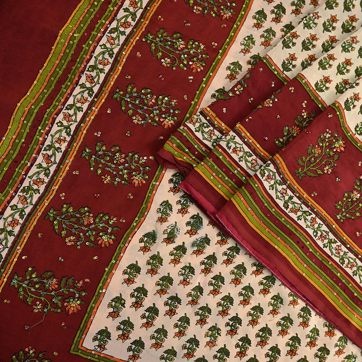 Vintage Beige Maroon Pure Crepe Silk Saree Hand Embroidered Floral Fabric 5Yds Indian Dressmaking, Quilting & Christmas Craft Material