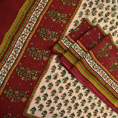 Vintage Beige Maroon Pure Crepe Silk Saree Hand Embroidered Floral Fabric 5Yds Indian Dressmaking, Quilting & Christmas Craft Material