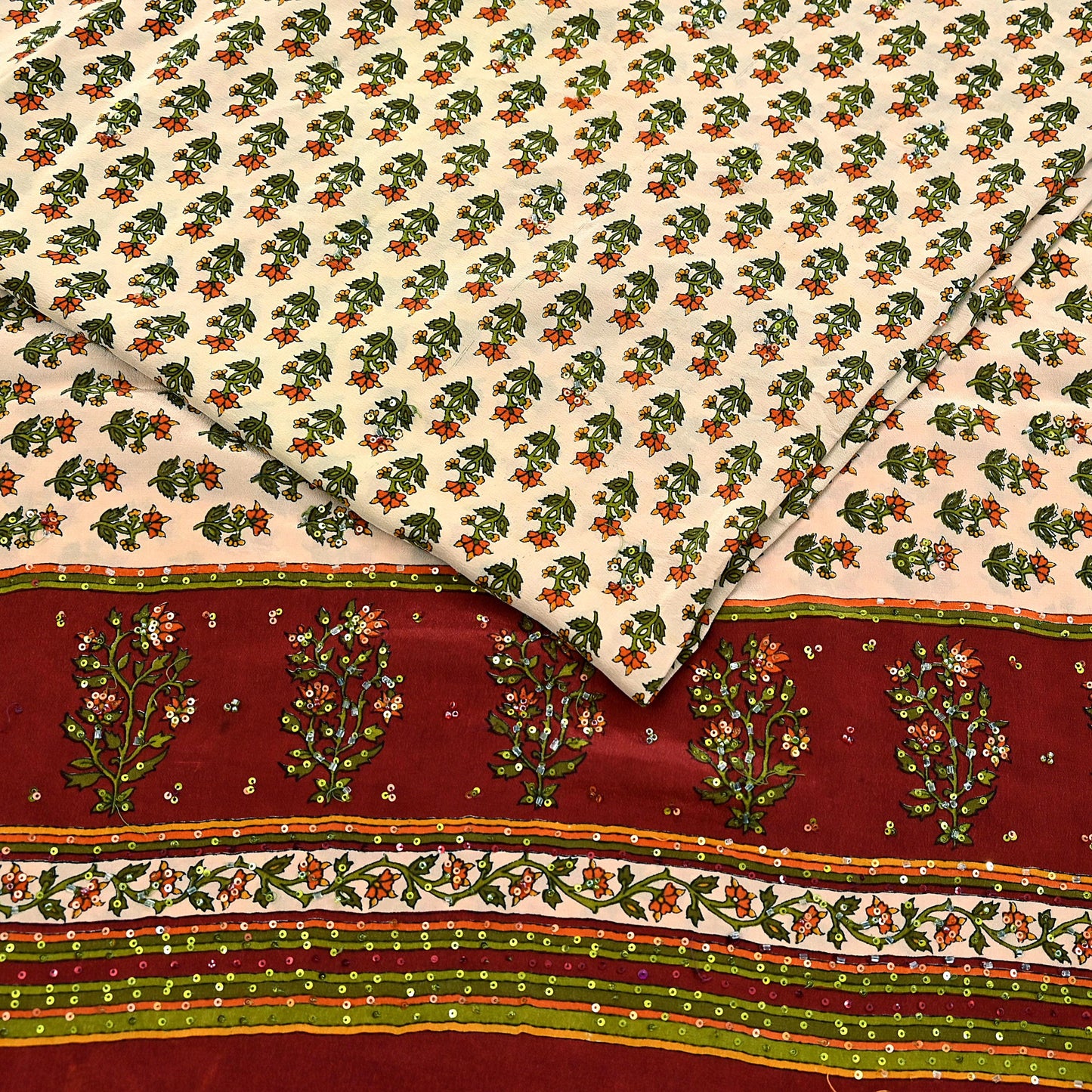 Vintage Beige Maroon Pure Crepe Silk Saree Hand Embroidered Floral Fabric 5Yds Indian Dressmaking, Quilting & Christmas Craft Material