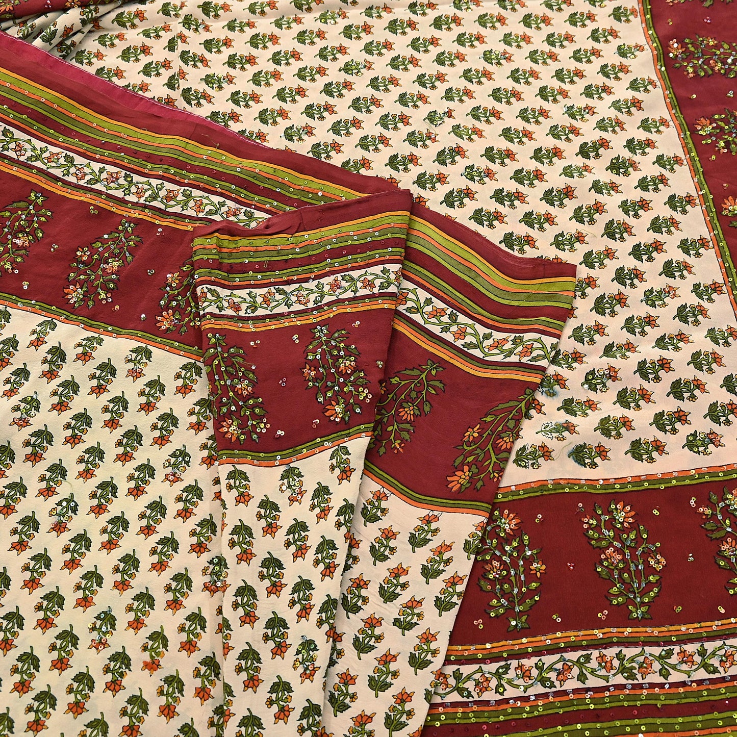 Vintage Beige Maroon Pure Crepe Silk Saree Hand Embroidered Floral Fabric 5Yds Indian Dressmaking, Quilting & Christmas Craft Material