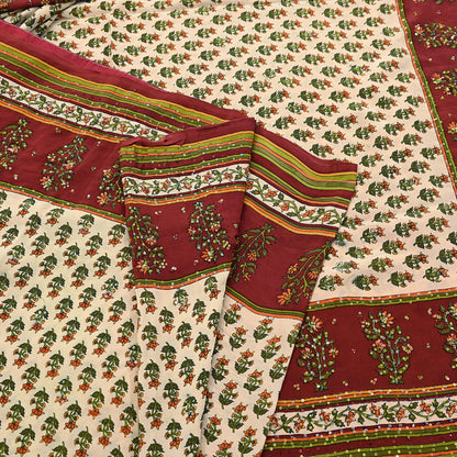 Vintage Beige Maroon Pure Crepe Silk Saree Hand Embroidered Floral Fabric 5Yds Indian Dressmaking, Quilting & Christmas Craft Material