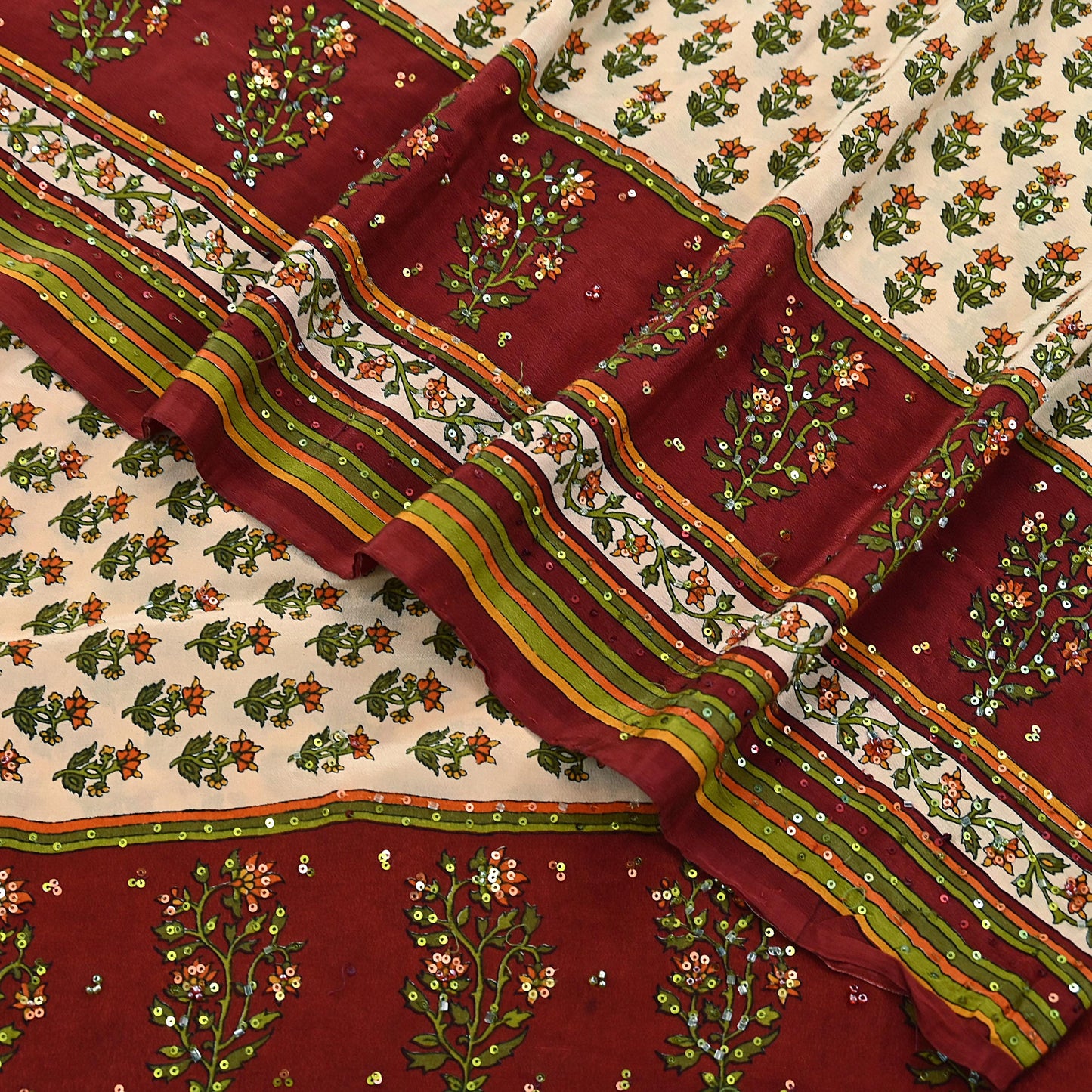 Vintage Beige Maroon Pure Crepe Silk Saree Hand Embroidered Floral Fabric 5Yds Indian Dressmaking, Quilting & Christmas Craft Material