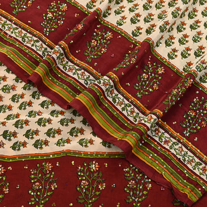 Vintage Beige Maroon Pure Crepe Silk Saree Hand Embroidered Floral Fabric 5Yds Indian Dressmaking, Quilting & Christmas Craft Material
