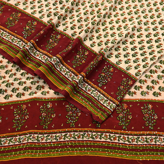 Vintage Beige Maroon Pure Crepe Silk Saree Hand Embroidered Floral Fabric 5Yds Indian Dressmaking, Quilting & Christmas Craft Material