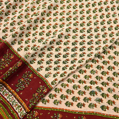 Vintage Beige Maroon Pure Crepe Silk Saree Hand Embroidered Floral Fabric 5Yds Indian Dressmaking, Quilting & Christmas Craft Material