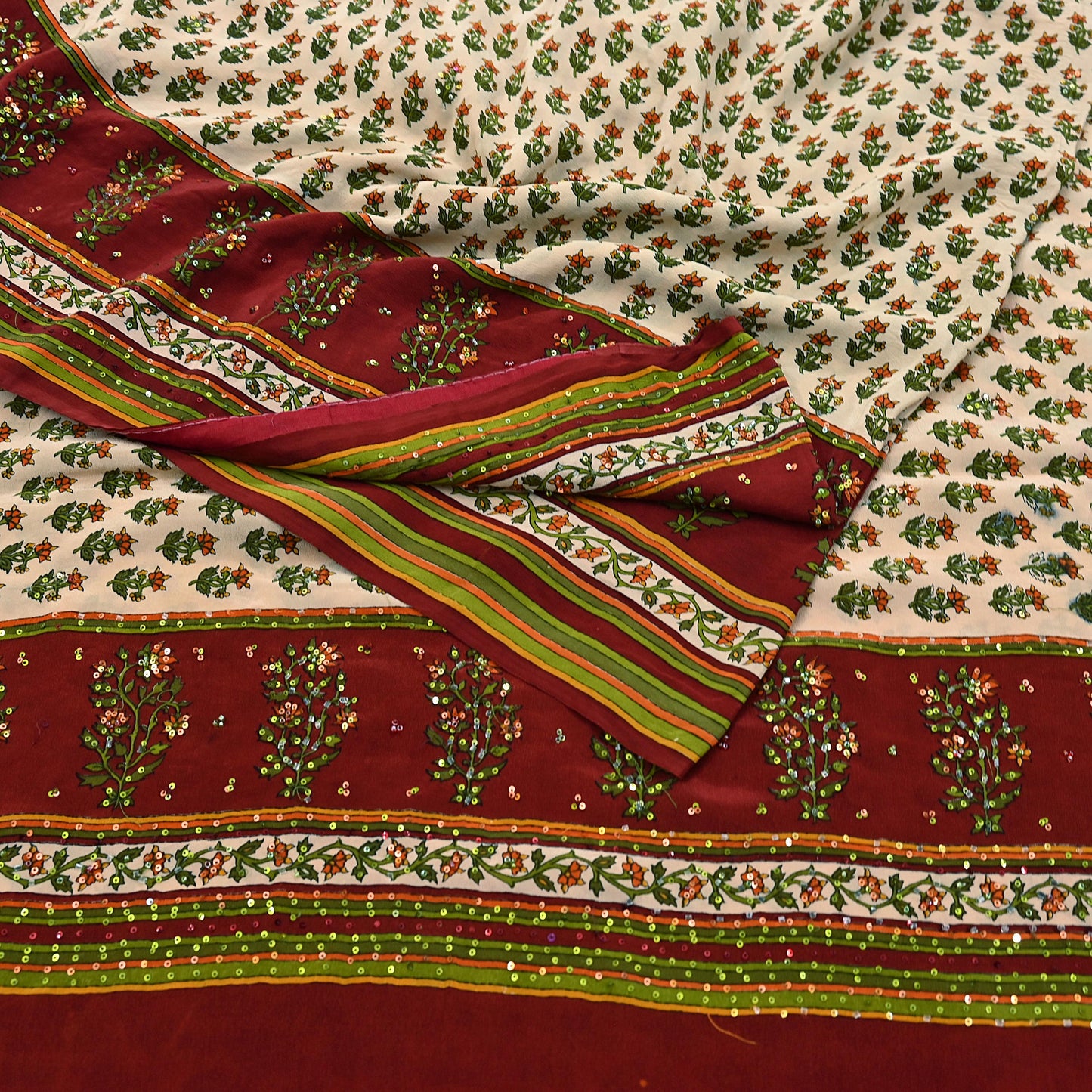 Vintage Beige Maroon Pure Crepe Silk Saree Hand Embroidered Floral Fabric 5Yds Indian Dressmaking, Quilting & Christmas Craft Material
