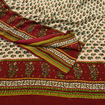 Vintage Beige Maroon Pure Crepe Silk Saree Hand Embroidered Floral Fabric 5Yds Indian Dressmaking, Quilting & Christmas Craft Material