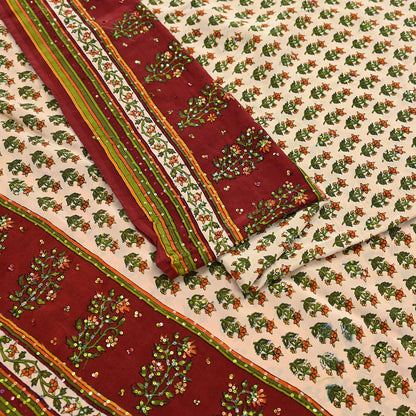 Vintage Beige Maroon Pure Crepe Silk Saree Hand Embroidered Floral Fabric 5Yds Indian Dressmaking, Quilting & Christmas Craft Material