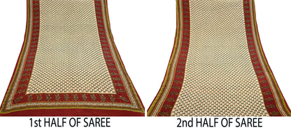 Vintage Beige Maroon Pure Crepe Silk Saree Hand Embroidered Floral Fabric 5Yds Indian Dressmaking, Quilting & Christmas Craft Material