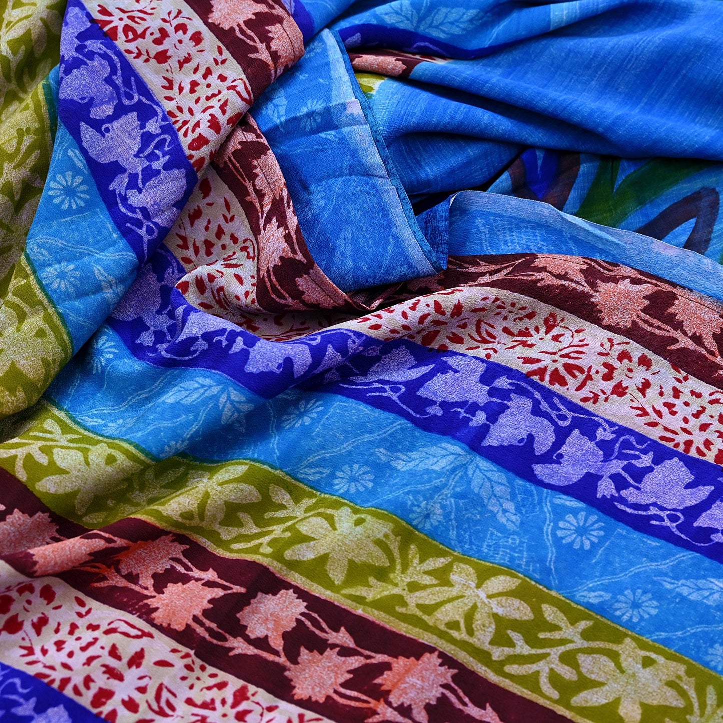 Vintage Blue Crepe Silk Saree Pure Silk Printed Floral Fabric 5Yds Indian Sewing, Quilting, Dressmaking & Christmas Craft Material