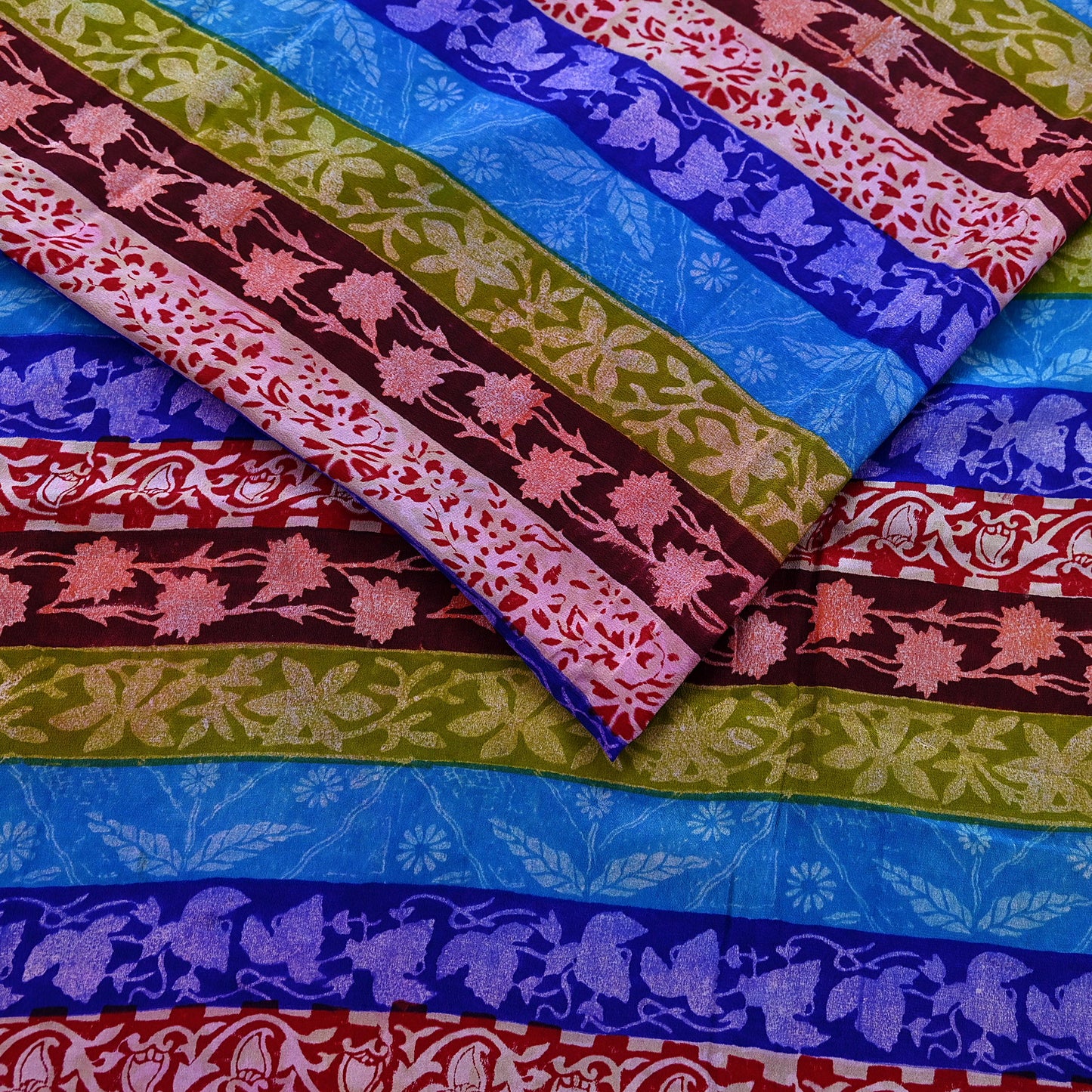 Vintage Blue Crepe Silk Saree Pure Silk Printed Floral Fabric 5Yds Indian Sewing, Quilting, Dressmaking & Christmas Craft Material